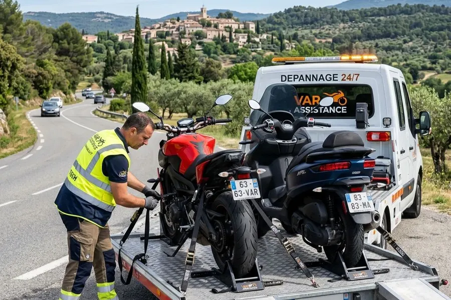 Moto sécurisée sur un plateau de remorquage dans le Var