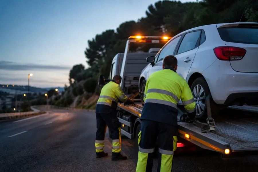 Équipe Remorquage Var sécurisant un véhicule sur plateau au crépuscule