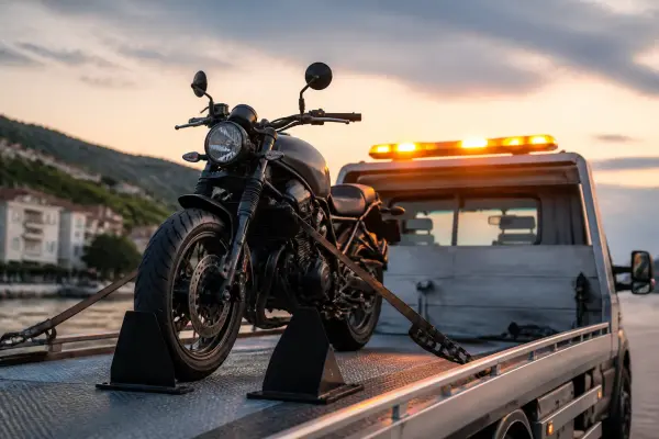 Deux-roues arrimé sur un plateau professionnel de remorquage dans le Var