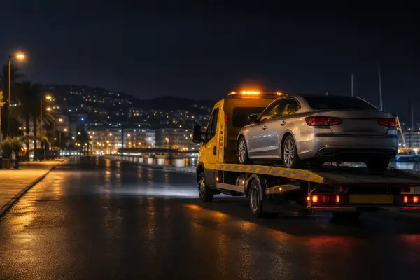 Dépanneuse plateau éclairée de nuit près d'un véhicule immobilisé dans le Var