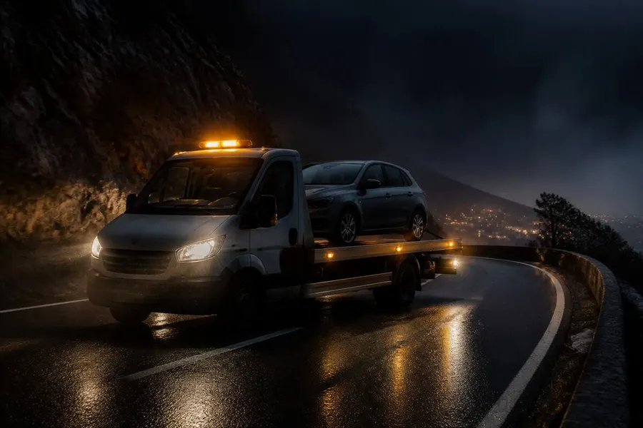 Voiture particulière chargée sur un plateau de remorquage dans le Var