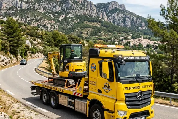 Petit engin de chantier chargé sur un plateau de transport