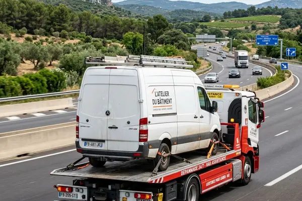Véhicule utilitaire transporté sur un plateau de dépannage